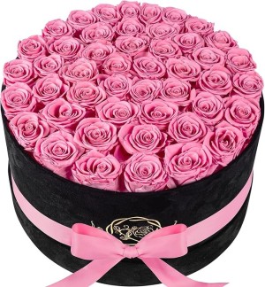 47 Roses in a Luxury Suede Box, Preserved Flowers for Women, Mothers Day Flowers for Mom, Light Pink