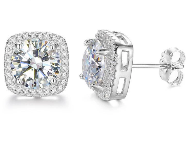 S925 SYNTHETIC MOISSANITE HALO SQUARE STUD EARRINGS BIRTHDAY GIFT FOR MEN WOMEN