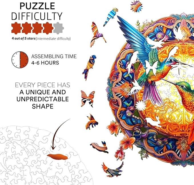 Jigfoxy Wooden Puzzles for Adults, Hummingbird Wooden Jigsaw Puzzles, Unique Animal Shape Puzzles, Christmas Thanksgiving Gifts for Family Friend(XL-19.7 * 19.7in-670psc)