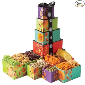 Dried Fruit and Nuts Gift Basket Tower with Black Ribbon Gift Basket, 5 Tier Gourmet Arrangement Platter, Healthy Kosher Snack Box for Birthday, Anniversary