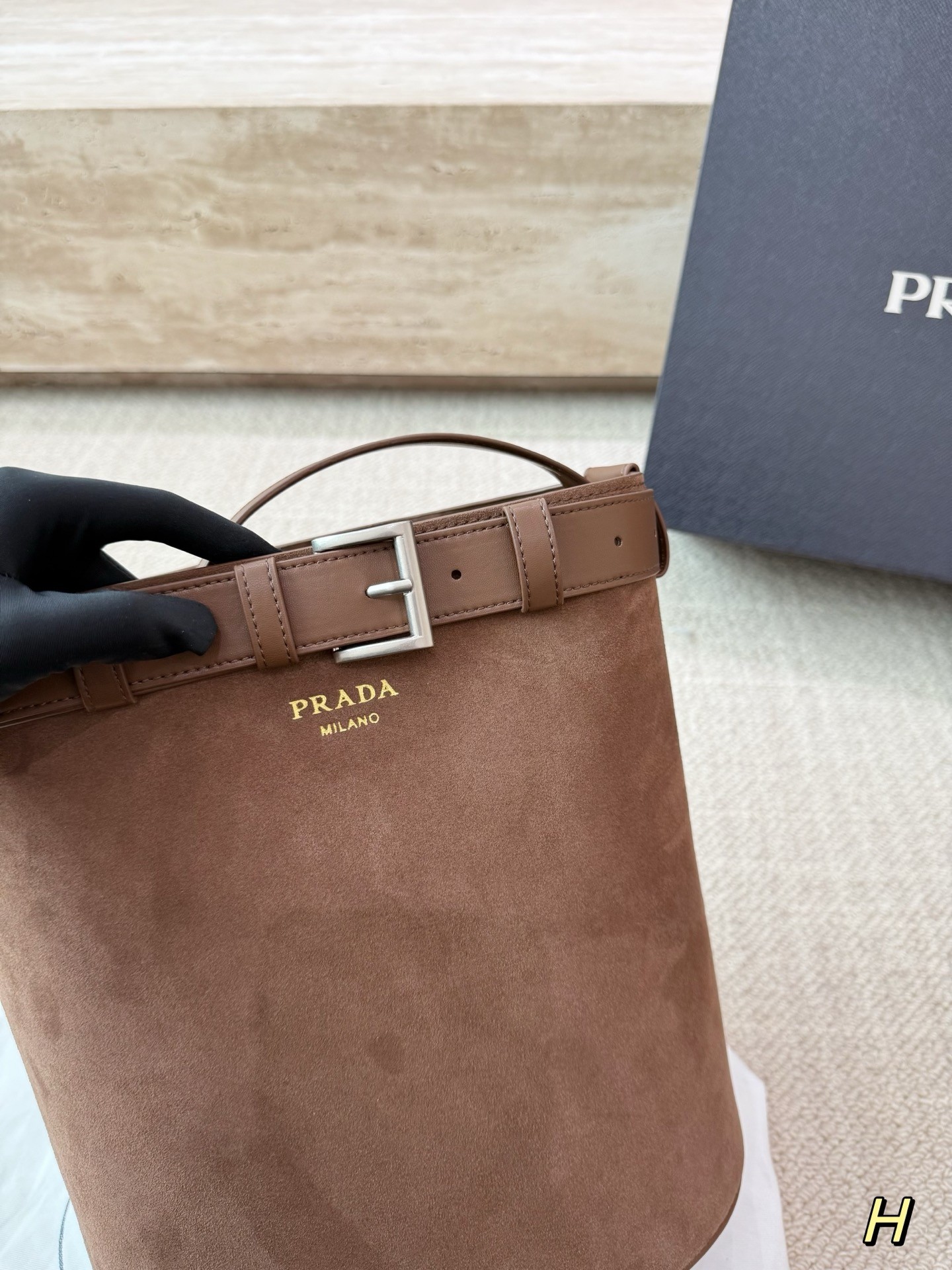 Prada Buckle Suede Bucket Bag