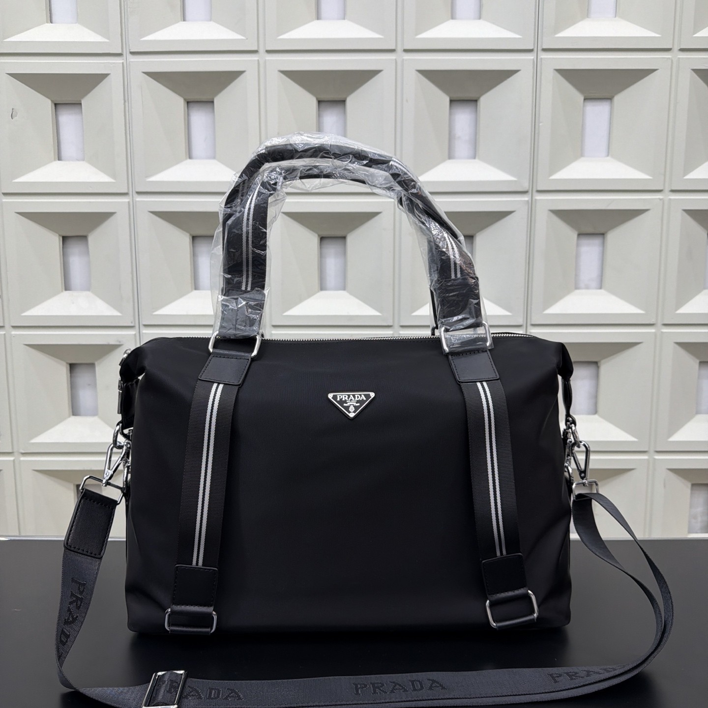 （Prada) Black Nylon Tote Travel Bag