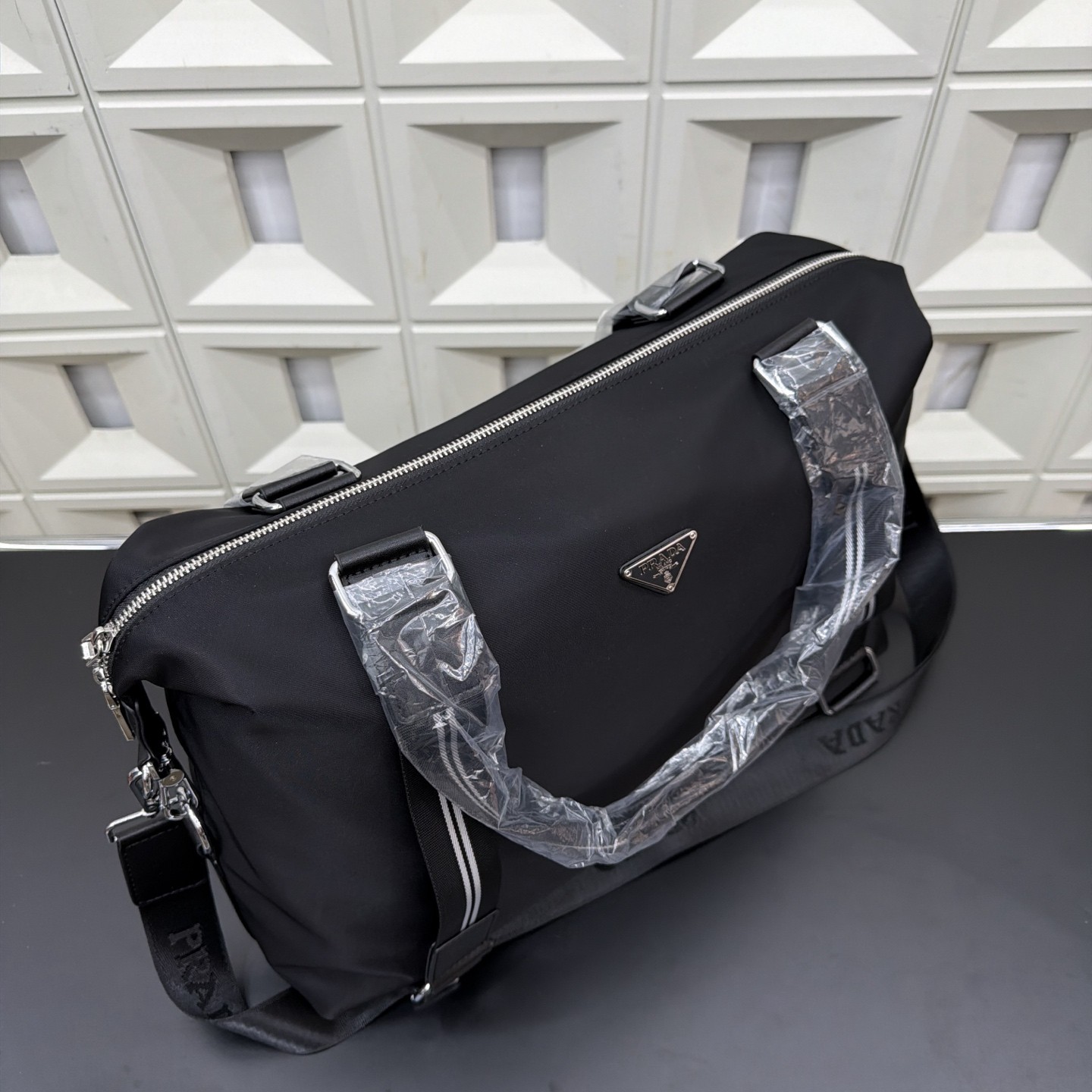 （Prada) Black Nylon Tote Travel Bag