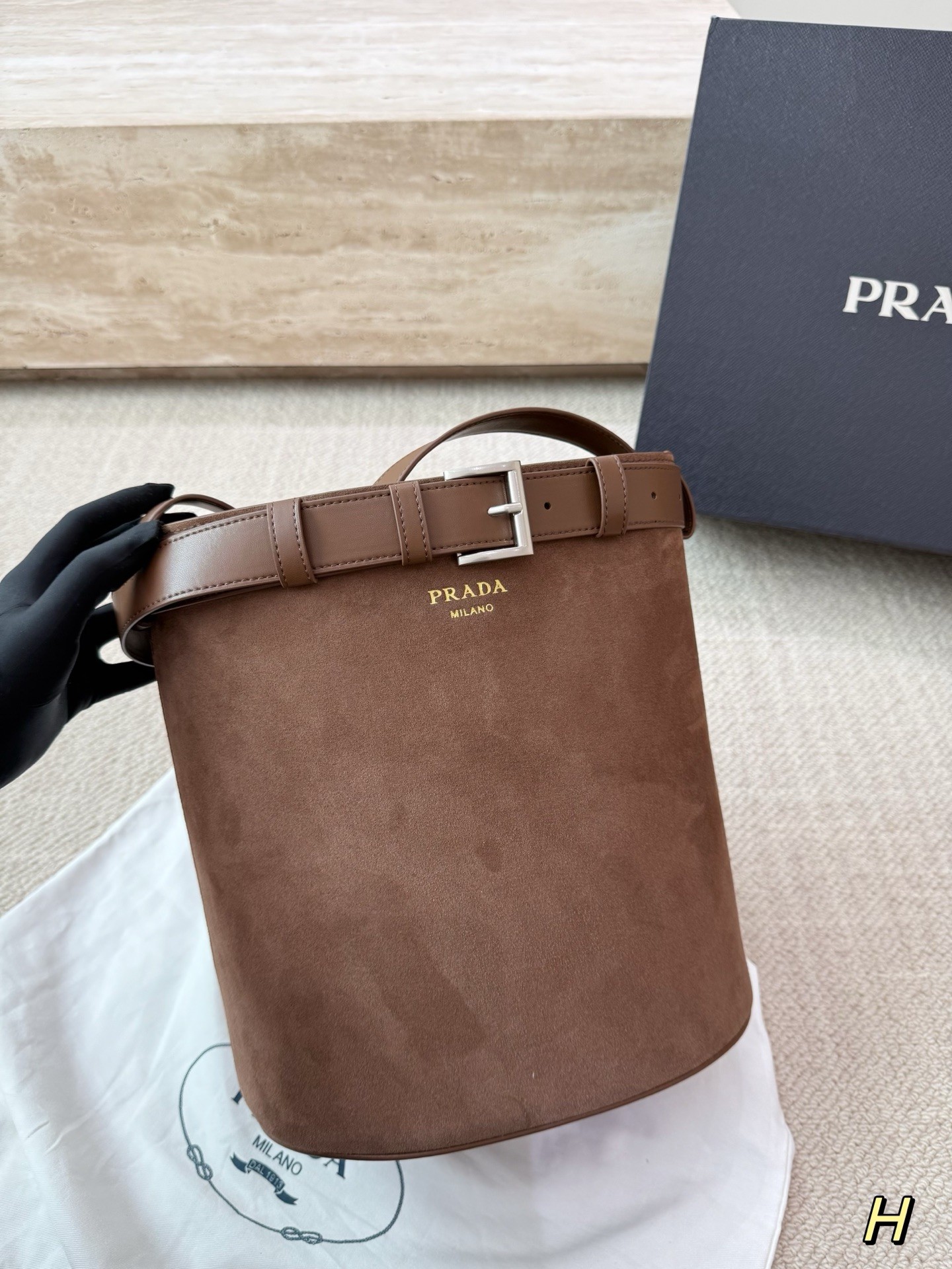 Prada Buckle Suede Bucket Bag