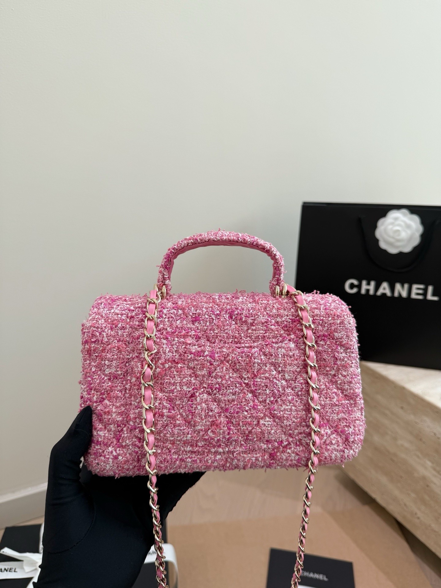 (Chanel) Mini sac à rabat avec poignée en tweed