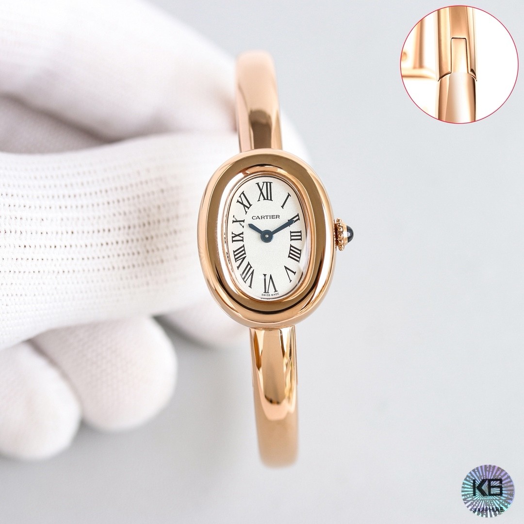 A mini bracelet watch from Cartier’s Baignoire collection.