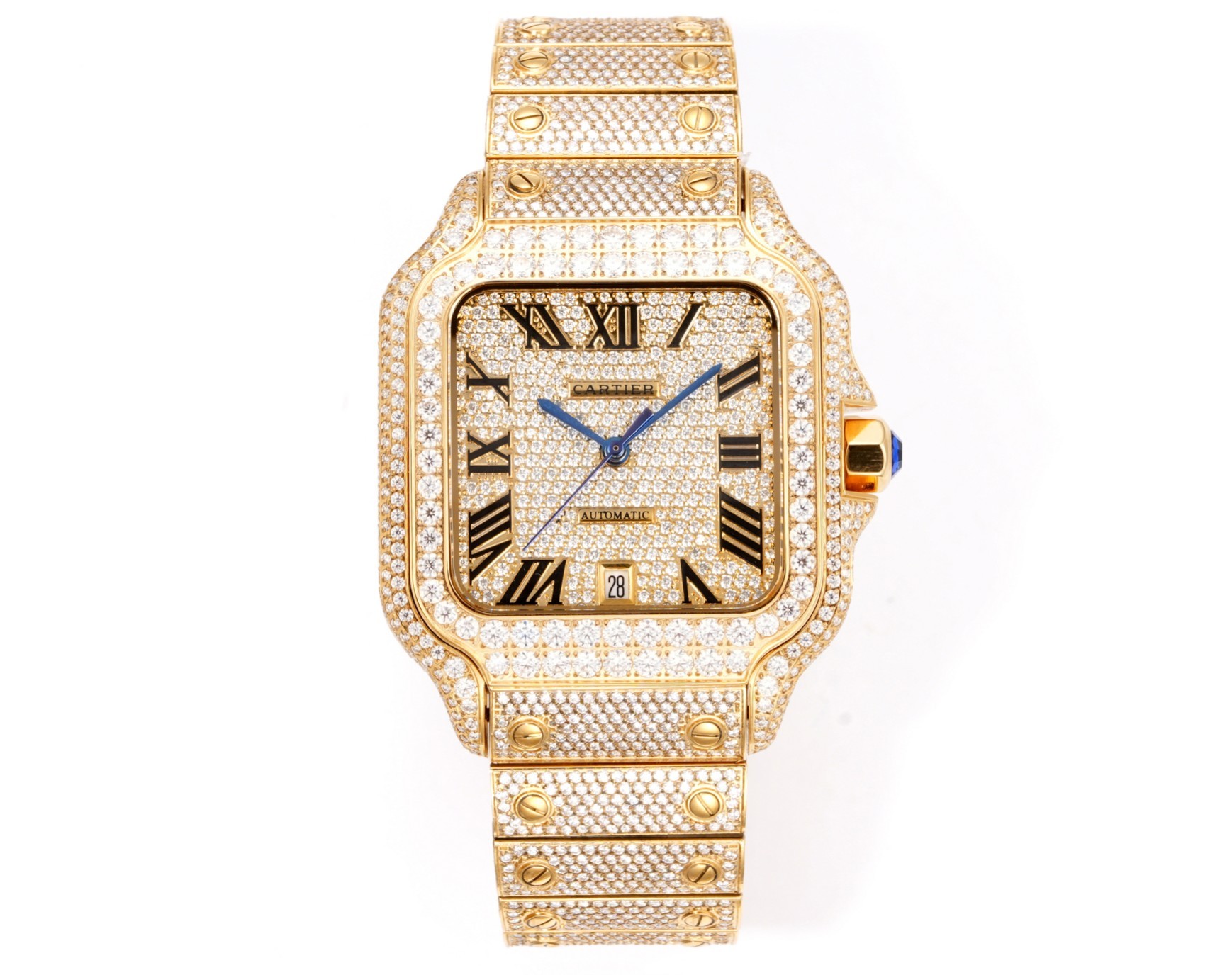 A fully diamond-set (Iced Out) custom edition of the Cartier Santos collection.