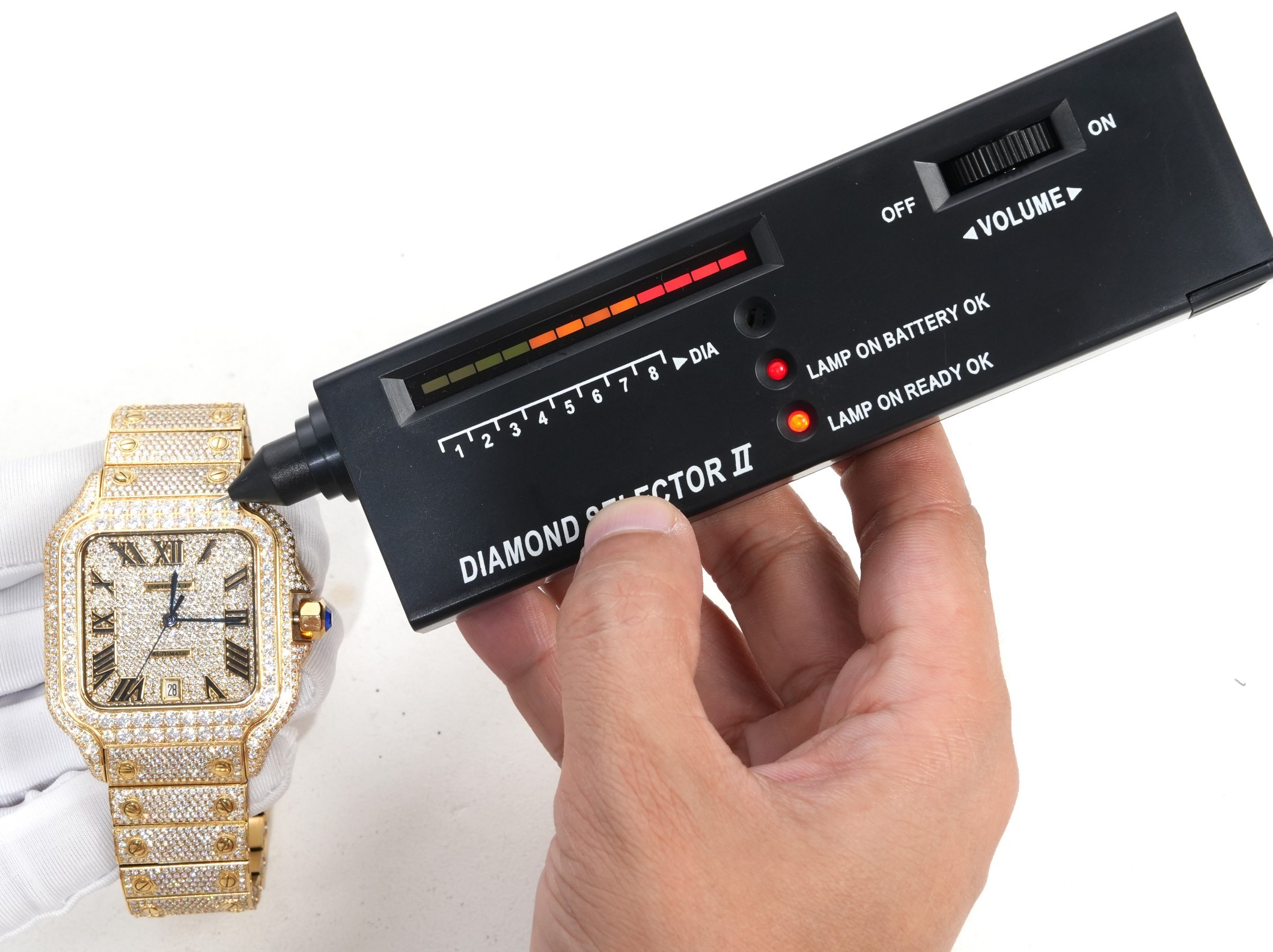 A fully diamond-set (Iced Out) custom edition of the Cartier Santos collection.