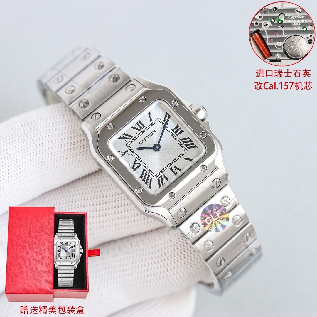 A classic stainless steel watch from the Cartier Santos collection.