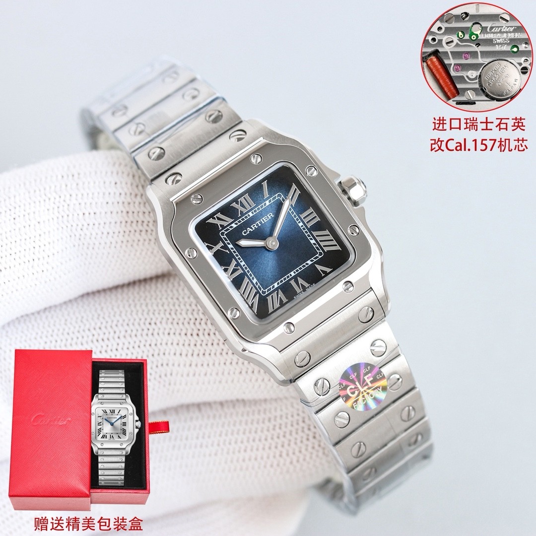 A classic stainless steel watch from the Cartier Santos collection.