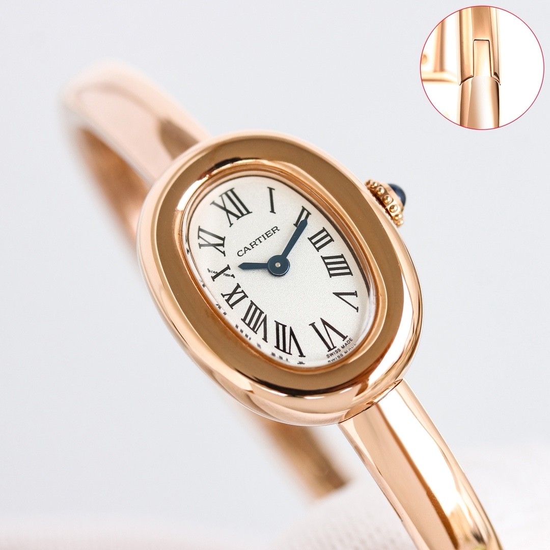 A mini bracelet watch from Cartier’s Baignoire collection.