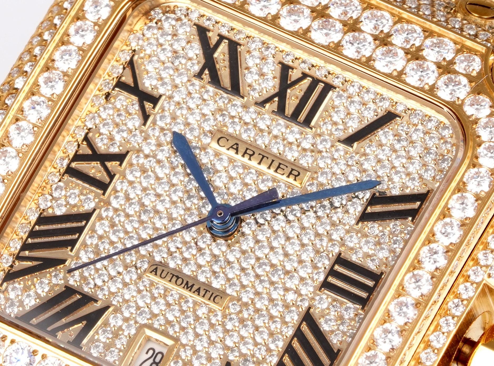 A fully diamond-set (Iced Out) custom edition of the Cartier Santos collection.