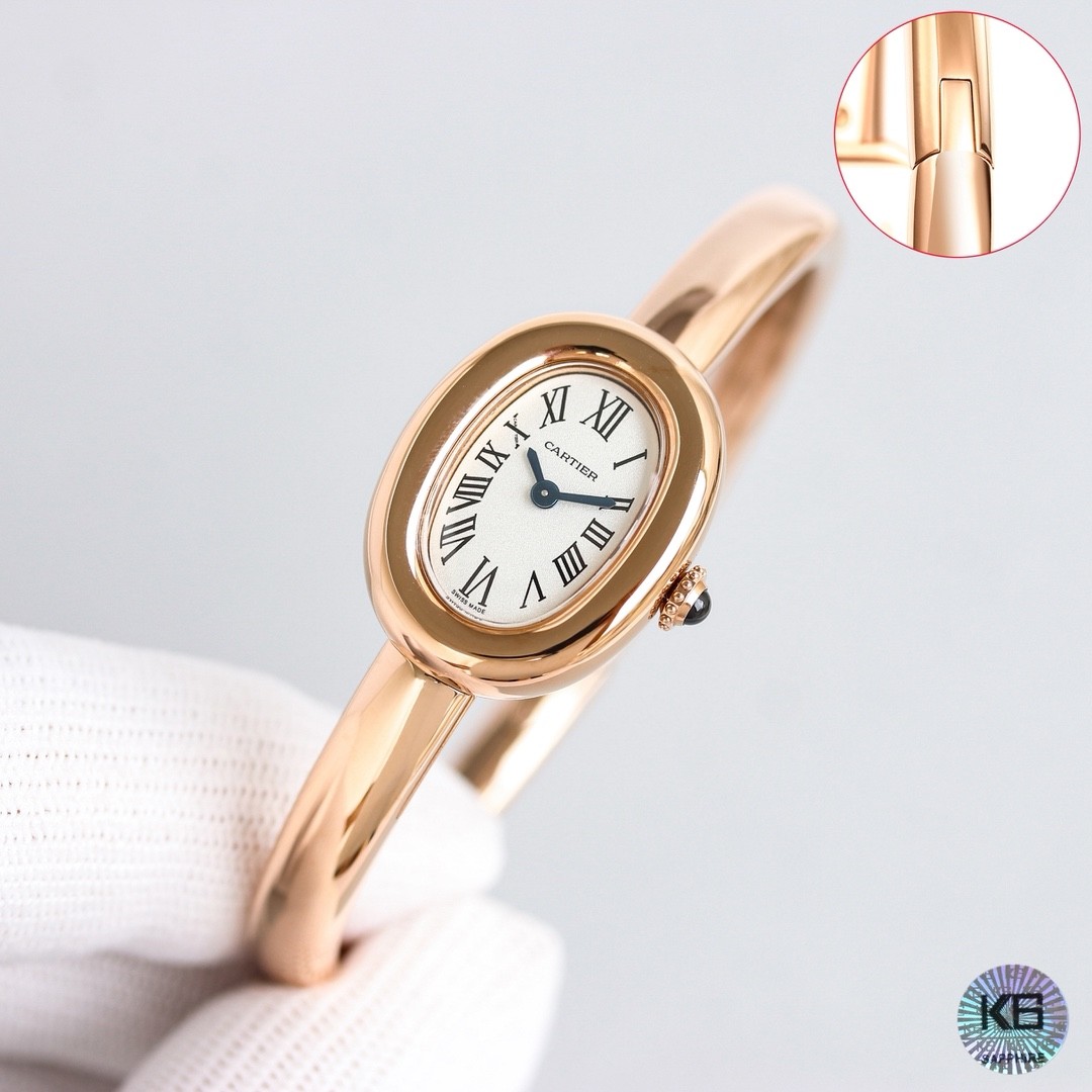 A mini bracelet watch from Cartier’s Baignoire collection.