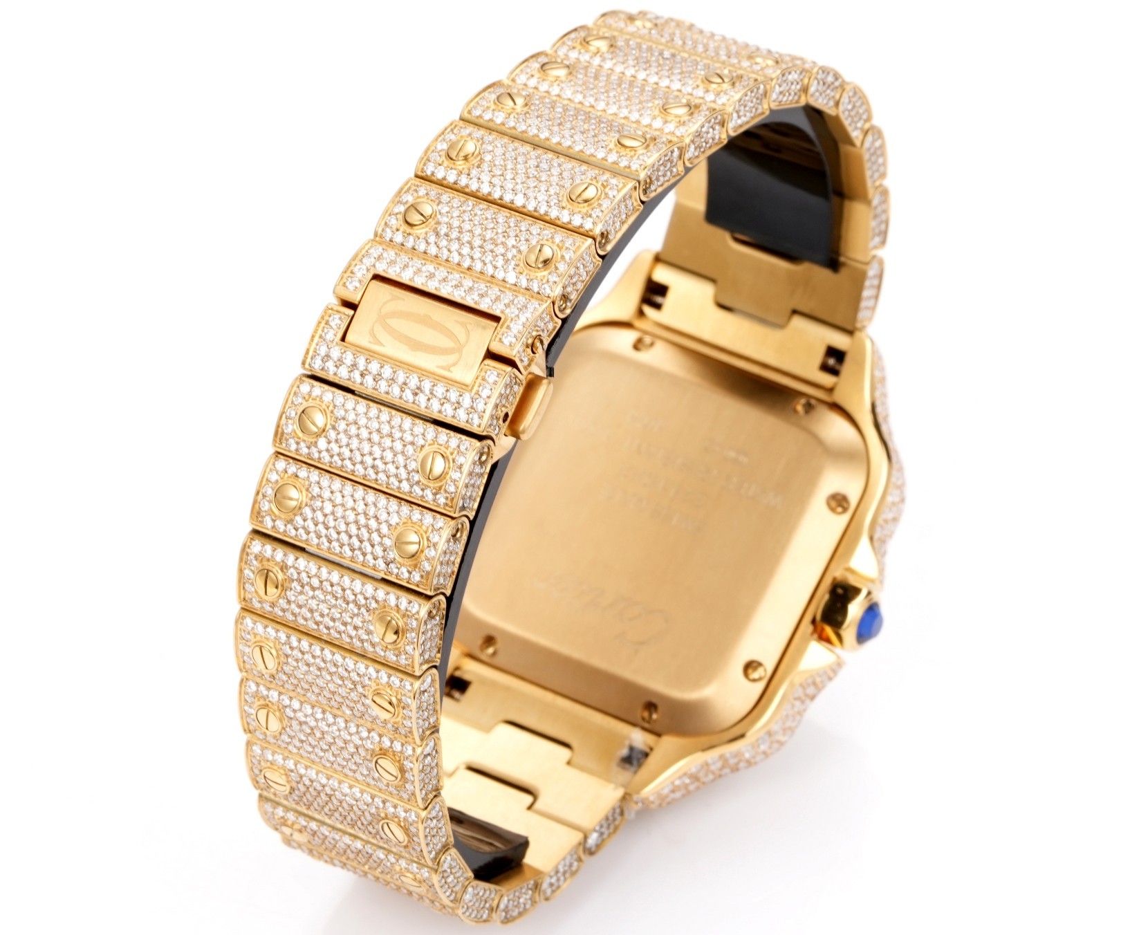 A fully diamond-set (Iced Out) custom edition of the Cartier Santos collection.