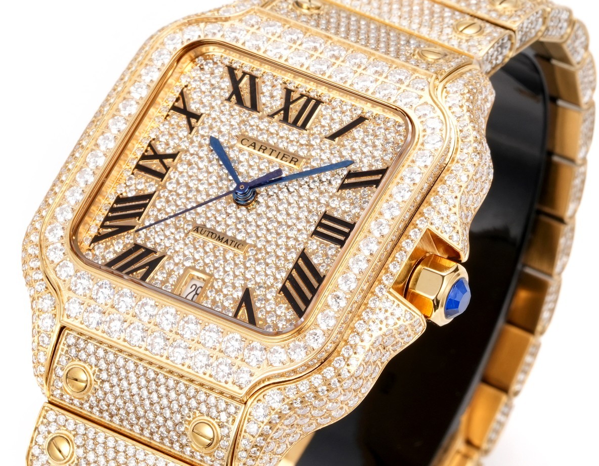A fully diamond-set (Iced Out) custom edition of the Cartier Santos collection.
